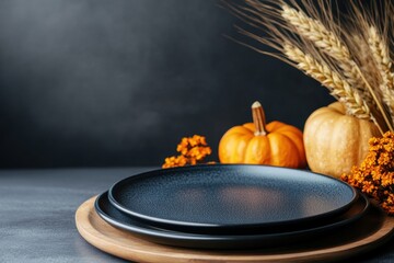rustic autumn dining, a wooden dining table adorned with rustic ceramic plates, small gourds, and a centerpiece of dried wheat and autumn flowers
