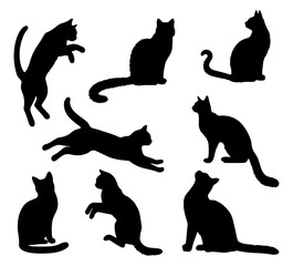 Vector illustration. Silhouettes of black cats. Set of animal stickers. Large set.	