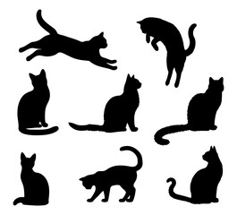 Vector illustration. Silhouettes of black cats. Set of animal stickers. Large set.	