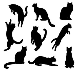 Vector illustration. Silhouettes of black cats. Set of animal stickers. Large set.	