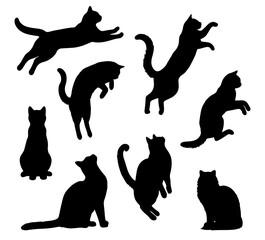 Vector illustration. Silhouettes of black cats. Set of animal stickers. Large set.	