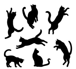 Vector illustration. Silhouettes of black cats. Set of animal stickers. Large set.	