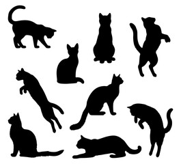 Vector illustration. Silhouettes of black cats. Set of animal stickers. Large set.	