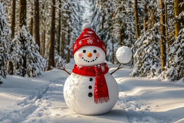 Cheerful snowman in winter forest.