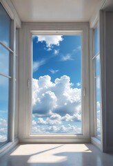 Interior view through window of blue sky and fluffy clouds, weather, vivid, clear, daylight, beauty