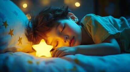 Child sleeps under star nightlight in dark room highquality image