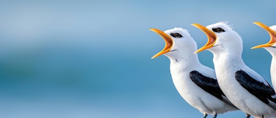 Obraz premium Vibrant Birds Singing against a Soft Ocean Background in Nature