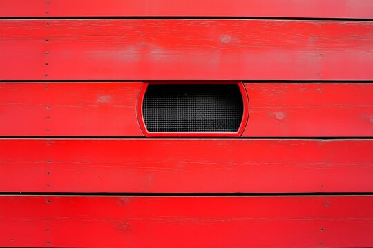 A striking red wall featuring a circular vent and wooden texture for interior or architectural purposes.