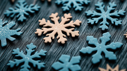 Close-up of decorative snowflake shapes in blue and beige on textured wooden surface, featuring glitter and intricate designs for winter or holiday theme.