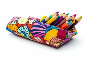 Colorful pencils in a patterned case.