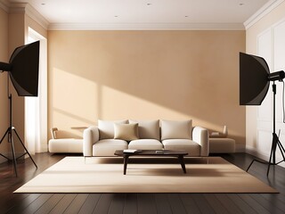 Modern Living Room with White Sofa and Two Studio Lights