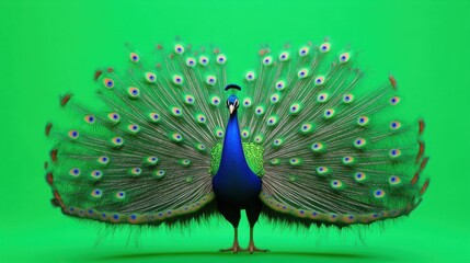 Obraz premium Vibrant Peacock Displaying Its Majestic Fanned Tail Against a Bright Green Background in a Stunning Nature Scene