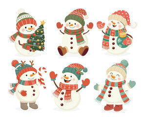 Christmas snowman cartoon characters illustration set.