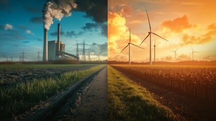Contrast of a polluting factory and clean wind turbines symbolizing fossil fuels versus green energy.