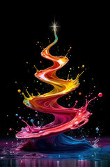 Vibrant Splash Christmas Tree Art. Swirling and dynamic, made entirely of colorful liquid paint splashes, arranged in a spiralling pattern