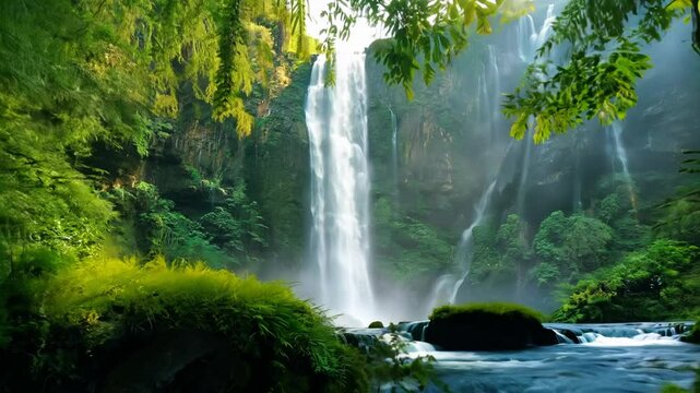 Waterfall in green rainforest. Nature background of tropical forest with water stream. 4K
