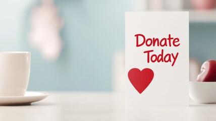 Donate today card with heart on table in soft pastel setting