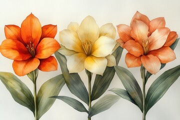 Fototapeta premium A vibrant illustration of three colorful flowers with green leaves on a light background.