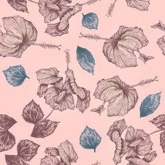 Seamless pattern Hibiscus flowers and leaves illustration