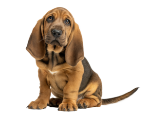 Bloodhound dog puppy isolated on white background. Bloodhound puppy sitting and looking at camera on white background