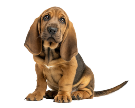 Bloodhound dog puppy isolated on white background. Bloodhound puppy sitting and looking at camera on white background