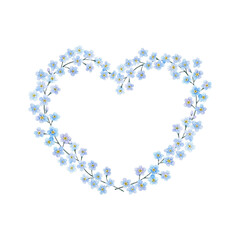 A heart-shaped frame of delicate blue forget-me-nots flowers. Watercolor illustration drawn by hand. For postcard, print.