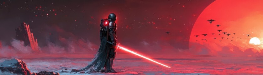 Fototapeta premium Strategic birds-eye perspective of a warrior in radiant armor, sword emitting light, futuristic terrain, drone-filled sky, photorealistic portrayal, evocative and striking imagery