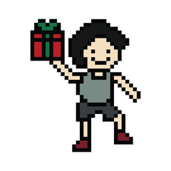 Obraz premium Cute pixel cartoon 8bit character man give gift box birthday christmas bonus reward surprise decoration 8 bit male boy give gift box shopping bonus christmas day game 8 bit png vector.