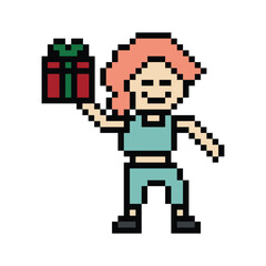 Fototapeta premium Cute pixel cartoon 8bit character woman give gift box birthday christmas bonus reward surprise decoration 8 bit female girl give gift box shopping bonus christmas day game png vector.