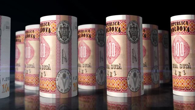 Moldova money Moldavian Lei rolls loop 3d. Camera moving in front of 100 MDL rolling banknotes. Seamless loopable concept of economy, finance, business and debt.
