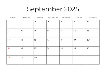 Printable Monthly Calendar template for September 2025. Week Starts on SUNDAY. Wall Calendar in a Minimalist Style. Simple and clean design. Ready to print. Vector illustration