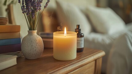 Lavender candle burning on bedside table with diffuser and books