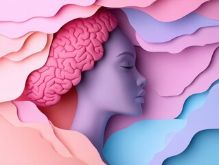 Vibrant silhouette, 3D paper cutout head, diverse brain shapes, pastel hue backdrop, crisp paper...