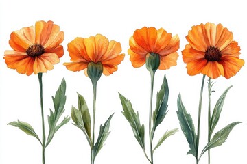 A watercolor illustration of four vibrant orange flowers with green leaves.