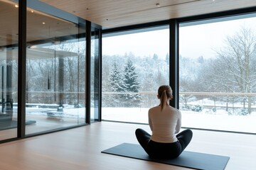 A woman in a cross-legged position engages in deep thought and meditation, with a snowy landscape...