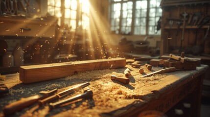 Obraz premium Sunlight shining through the window of a rustic vintage woodworking workshop illuminating the various tools and equipment on the worn wooden workbench