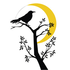 a black silhouette of a bird perched on a tree branch. The tree has a full moon in the background,