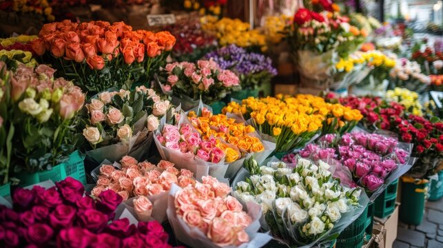 A colorful flower market with vendors selling fresh bouquets of roses, lilies, and daisies - Powered by Adobe
