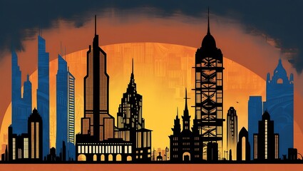 Naklejka premium Silhouette of a Modern City Skyline at Sunset