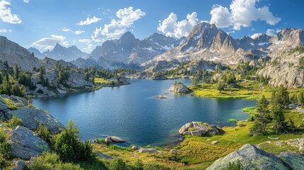 Fototapeta premium Scenic Mountain Lake Landscape with Majestic Peaks and Lush Greenery Under a Clear Blue Sky, Capturing the Beauty of Nature and Tranquility in the Wilderness