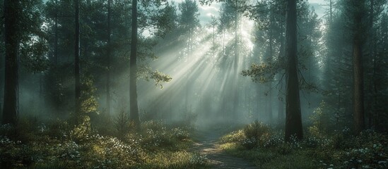Obraz premium A serene forest scene with sunlight filtering through trees, creating a tranquil atmosphere.