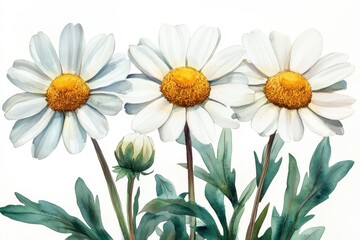 Fototapeta premium A watercolor illustration of three daisies with green leaves, showcasing natural beauty.