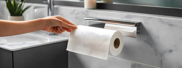 A person is holding the end of toilet paper in their hand and placing it into an open metal holder on the wall