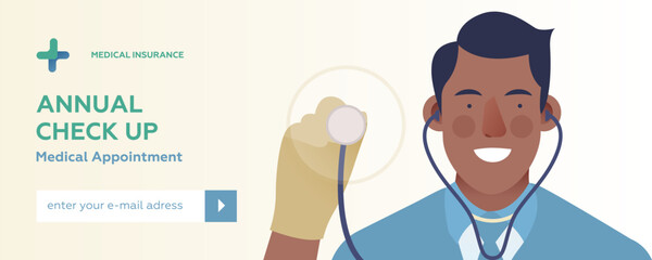 Annual Check Up. Medical Appointment. Modern Flat Vector Illustration. Happy Doctor Holding Stethoscope. Medical Insurance Website Banner. Social Media Template.