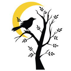 a black silhouette of a bird perched on a tree branch. The tree has a full moon in the background,