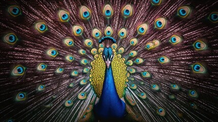 Obraz premium Majestic Peacock Displaying Its Vibrant Plumage in Full Splendor Against a Colorful Background of Eye-catching Feathers and Natural Beauty