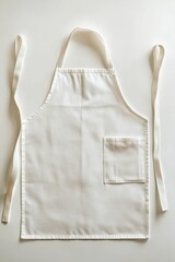 White apron, fabric, pocket, straps, flat lay.