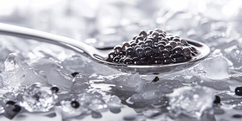 Black sturgeon caviar on silver spoon. Luxury seafood on melting ice.