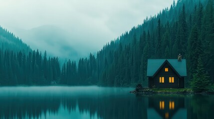 Fototapeta premium Scenic mountain cabin retreat overlooking a serene lake tranquil nature setting photography peaceful environment inspirational viewpoint for relaxation and reflection
