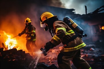 Fototapeta premium Firefighters battle blaze with hoses amid ruins city building surrounded by smoke